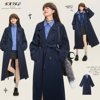 KEIKO 高级感藏蓝色双排扣风衣外套25秋季韩系通勤系带中长款大衣
