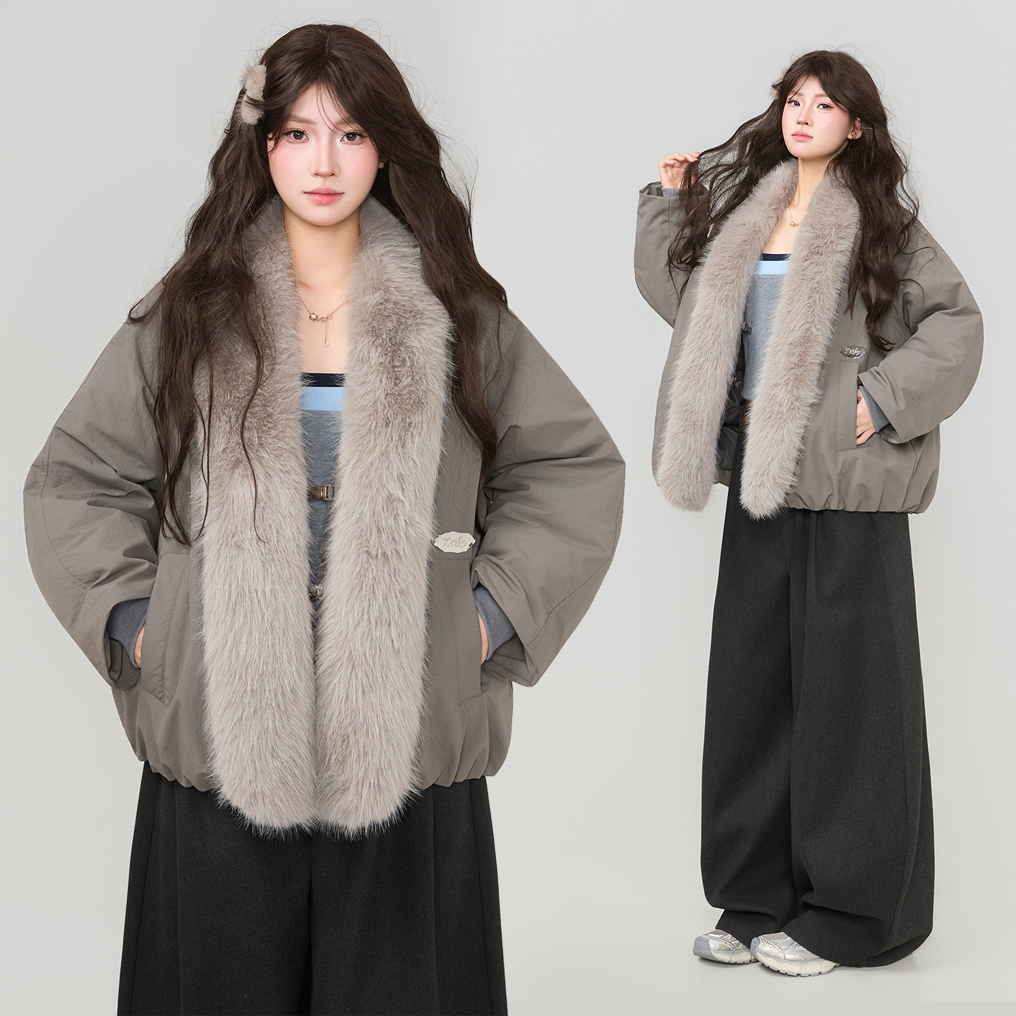 KEIKO可拆卸狐狸毛领加厚派克服