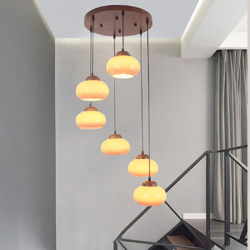 复式楼复古胡桃木色loft柿子吊灯