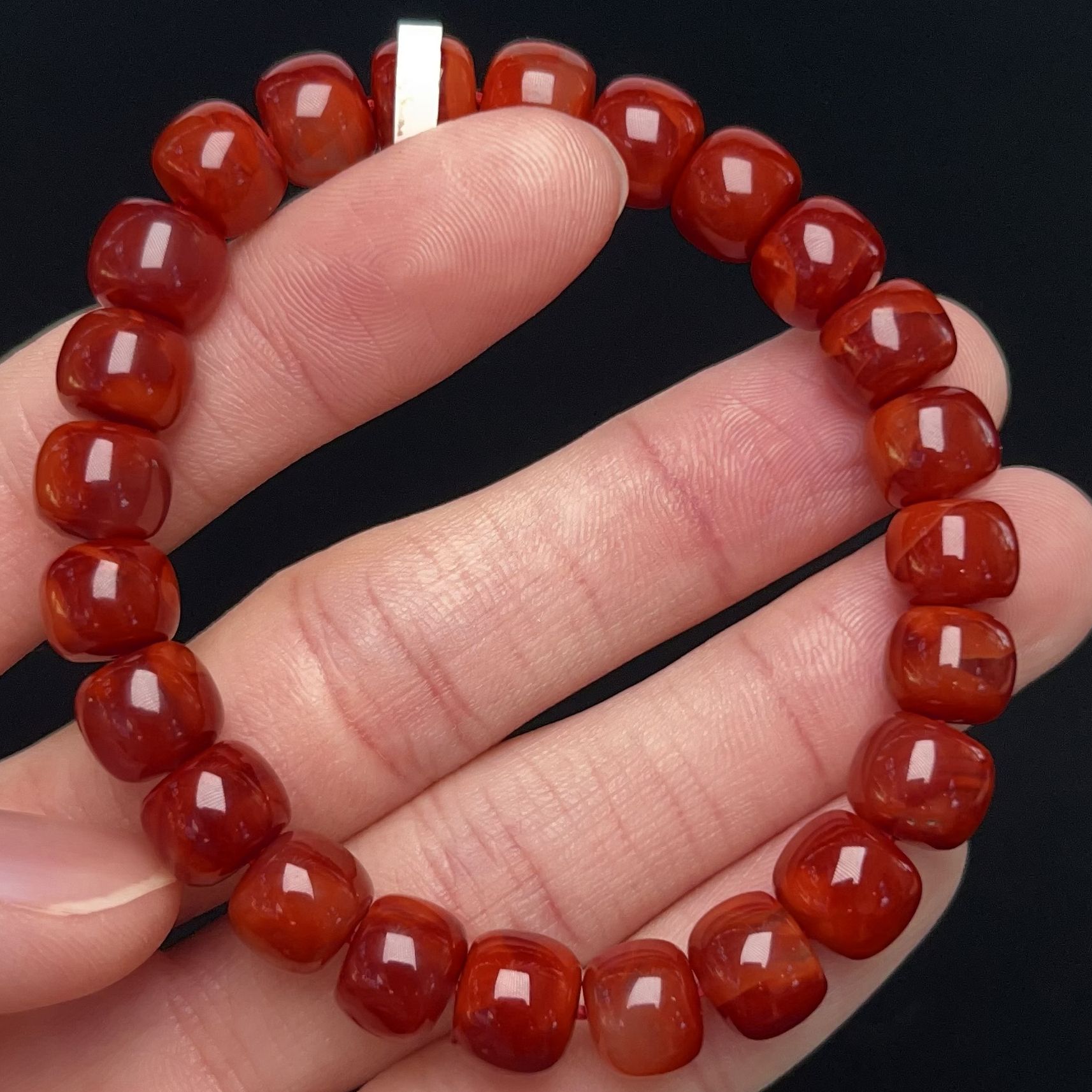 907C34凉山瓦西料南红牛血双色锦红老型单圈手串