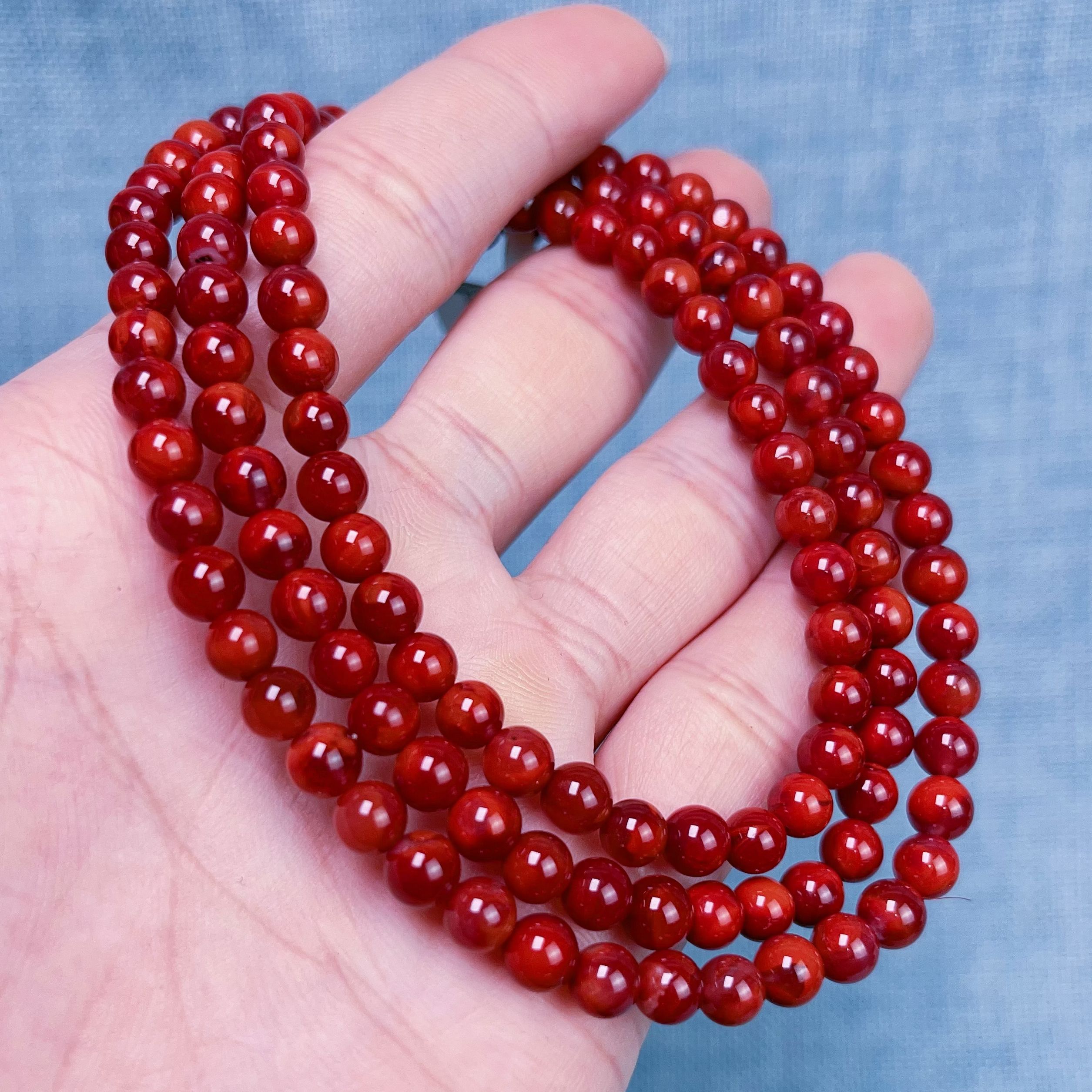 908C03凉山瓦西料南红牛血双色锦红多圈手串项链