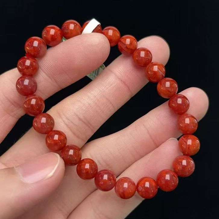 358C43凉山瓦西料南红柿子玫锦红火焰单圈手串