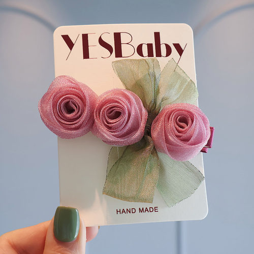 珠光玫瑰小女孩精致仙美夹子头饰儿童立体花朵可爱发夹侧边碎发夹