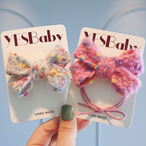 宝宝时尚边夹彩色波点毛线蝴蝶结发夹甜美扎辫子皮筋头饰儿童发绳