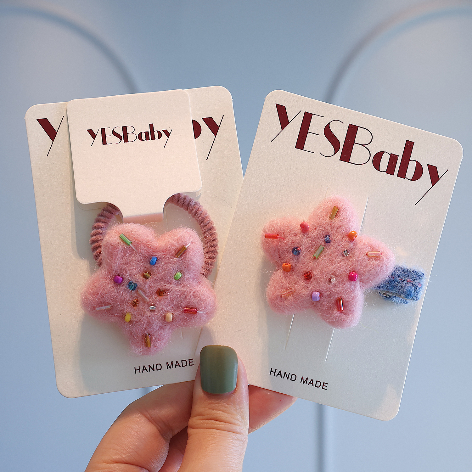 宝宝可爱毛毡粉星星发夹儿童精致串珠甜美发圈丸子头绑发马尾皮筋