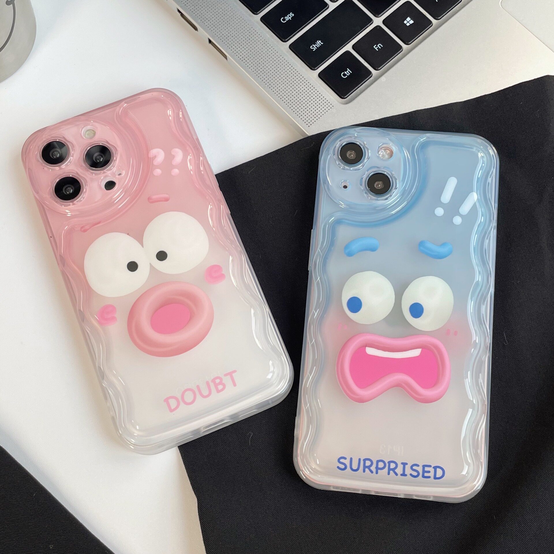 卡通搞怪表情渐变透明适用于苹果14pro手机壳个性波浪纹iphone13硅胶