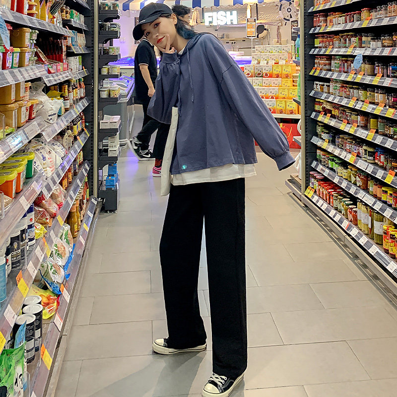 黑色加绒阔腿裤女高腰秋冬垂感裤子2020年新款运动裤宽松直筒休闲