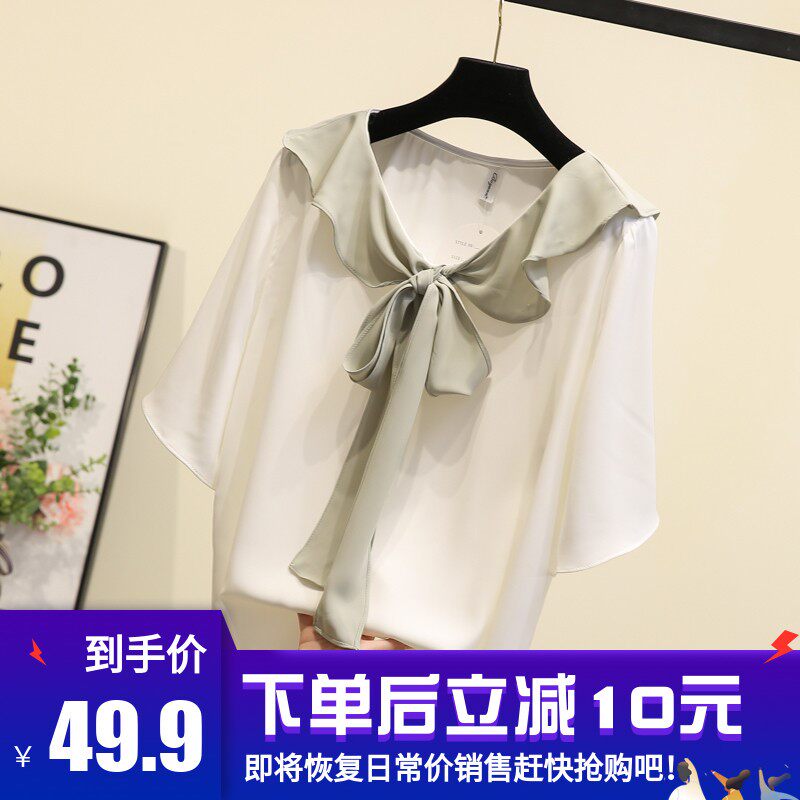 荷叶边雪纺衫女短袖2019夏季新款韩版女装蝴蝶结系带宽松衬衫上衣|ruв категории Женская одежда, кружева свитер/шифон рубашка - от Buy2taobao.com для оказания профессиональной услуги покупки агента Taobao