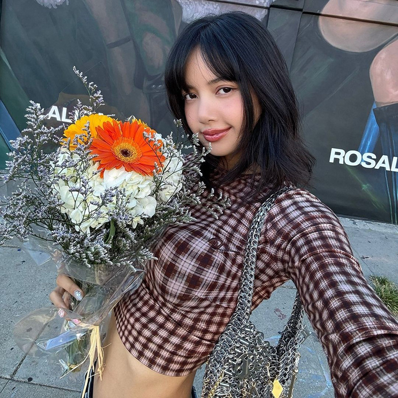 Lisa同款美式复古格纹长袖T恤女