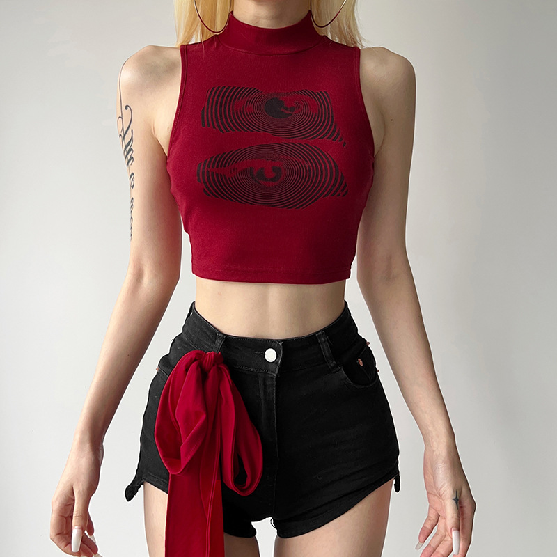 美式小背心外穿女夏复古印花修身显瘦半高领无袖短款露脐热辣上衣