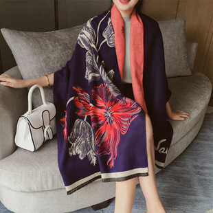 披肩女秋冬新款大花朵保暖大围巾两用超长加厚流苏拉毛仿羊绒披肩