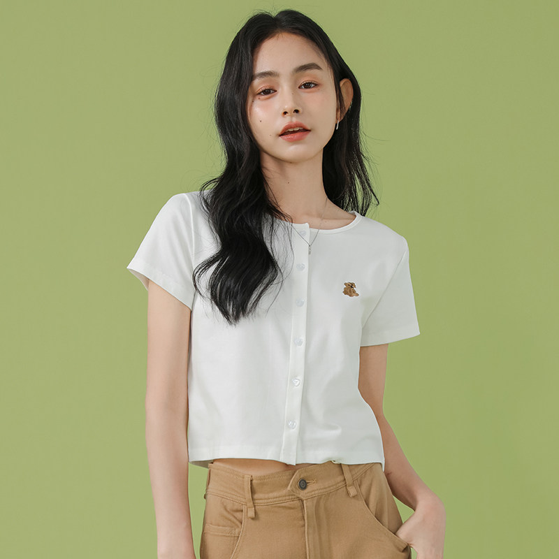 高腰短款t恤女夏2024新款学生修身显瘦单排扣绣花短袖纯棉上衣服