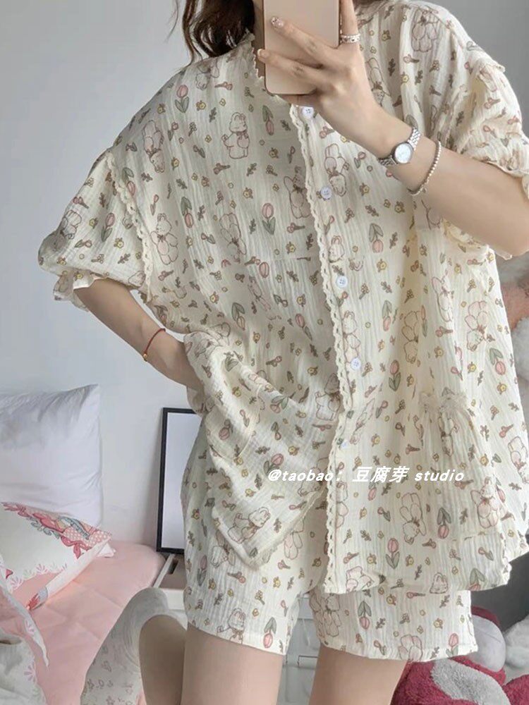 한국어 INS 달콤하고 귀여운 토끼 잠옷 여성용 여름 인터넷 연예인 소녀 반팔 반바지 얇은 가정복 세트