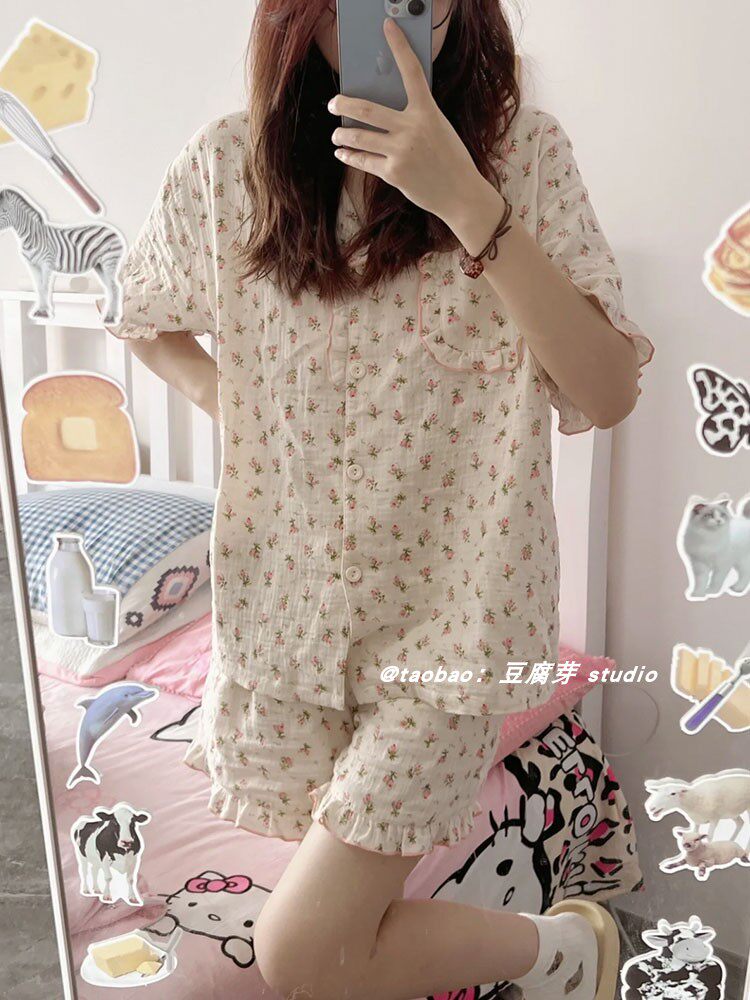 새로운 기능 소녀 달콤한 꽃 잠옷 여성 여름 얇은 반팔 반바지 인터넷 연예인 느슨한 가정 의류 세트