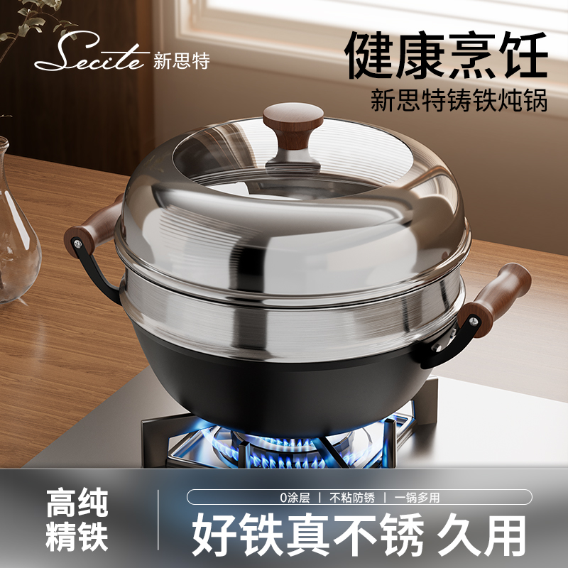 新思特铸铁炖锅家用砂锅煲汤锅焖锅海鲜锅不粘电磁炉燃气