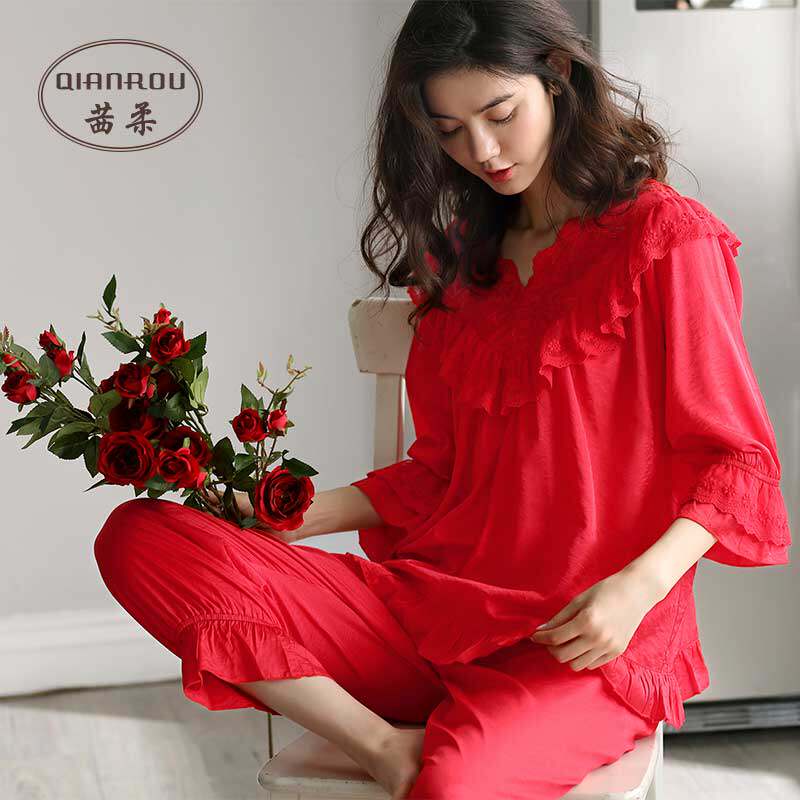 茜柔秋冬睡衣女喜庆大红色天丝麻家居服休闲性感新婚冰丝绸可外穿
