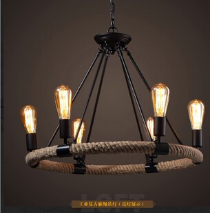 设计师北欧饭厅艺术咖啡厅吊灯乡村田园风格工业覆古铁艺麻绳吊灯