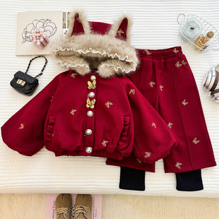 女童保暖套装2025冬季时髦洋气儿童呢子年服加绒外套长裤两件套潮