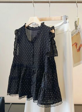 黑色波点木耳花边无袖衬衫女夏新款显瘦百搭气质V领绝美小衫上衣
