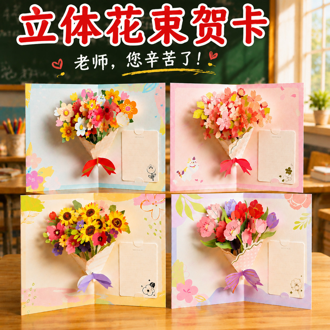 教师节贺卡2026新款感谢师恩礼物立体花束送老师高级感创意3d卡片