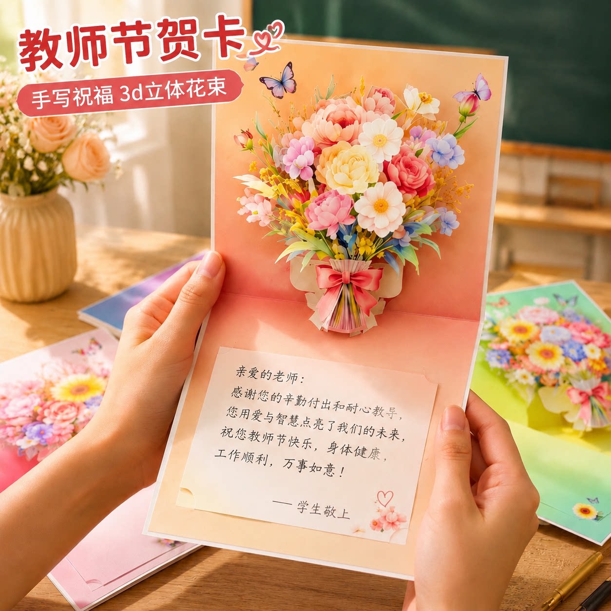 教师节礼物贺卡2026新款高级感立体3d花束送老师感恩手写祝福卡片
