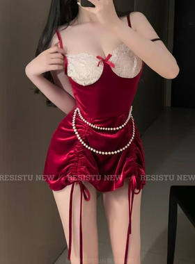 RESISTU红色本命年圣诞宫廷风睡裙2026春秋冬性感丝绒吊带睡裙女