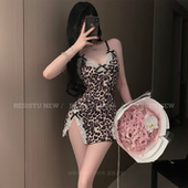 RESISTU懵懂小豹 蕾丝豹纹吊带睡裙性感侧开叉蝴蝶结2025夏睡裙女