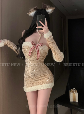 RESISTU闪闪烛光夜 圣诞闪片氛围穿搭包臀裙性感金色纯欲连衣裙女
