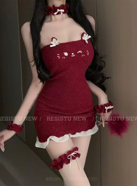 RESISTU暖冬马年红色本命年cos圣诞抹胸裙性感居家兔女郎保暖睡裙