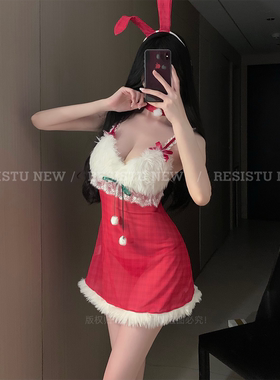 RESISTU冬日小甜豆 甜美圣诞主题吊带裙性感透视毛绒边睡裙制服女