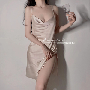 绸缎夏季性感纯欲开衩睡裙