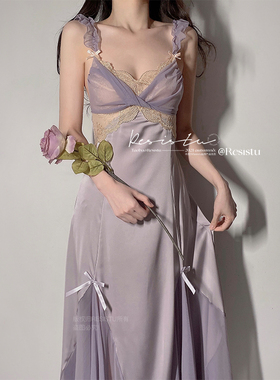 RESISTU魅惑紫鸢 性感睡衣女2022新款露背吊带睡裙网纱纯欲家居服
