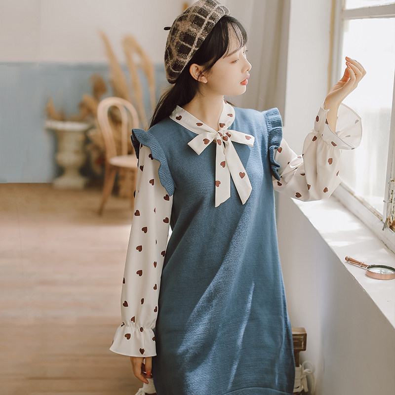 孕妇连衣裙秋冬外出潮妈上班中长款针织假两件小个子孕妇装小清新