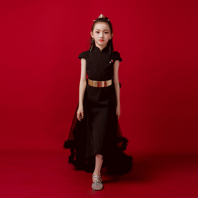 儿童礼服2024新款黑色霸气模特舞台走秀演出服鱼尾女童公主裙租赁