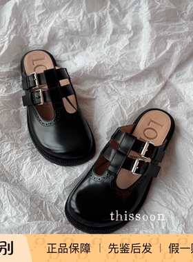 折扣 Loewe 罗意威黑色镂空圆头搭扣平底玛丽珍穆勒鞋拖鞋单鞋 女