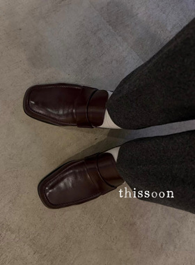 Phoebe Philo 酒红色黑色麂皮极简方头矮跟乐福鞋 单鞋 女