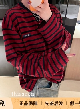 现货 Prada 普拉达 红色新款logo条纹圆领套头上衣 T恤 男女 宽松