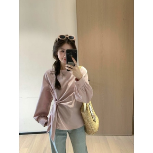 韩11设计感别致单排斜口长袖衬衫女不规则绑带宽松内搭叠穿上衣春