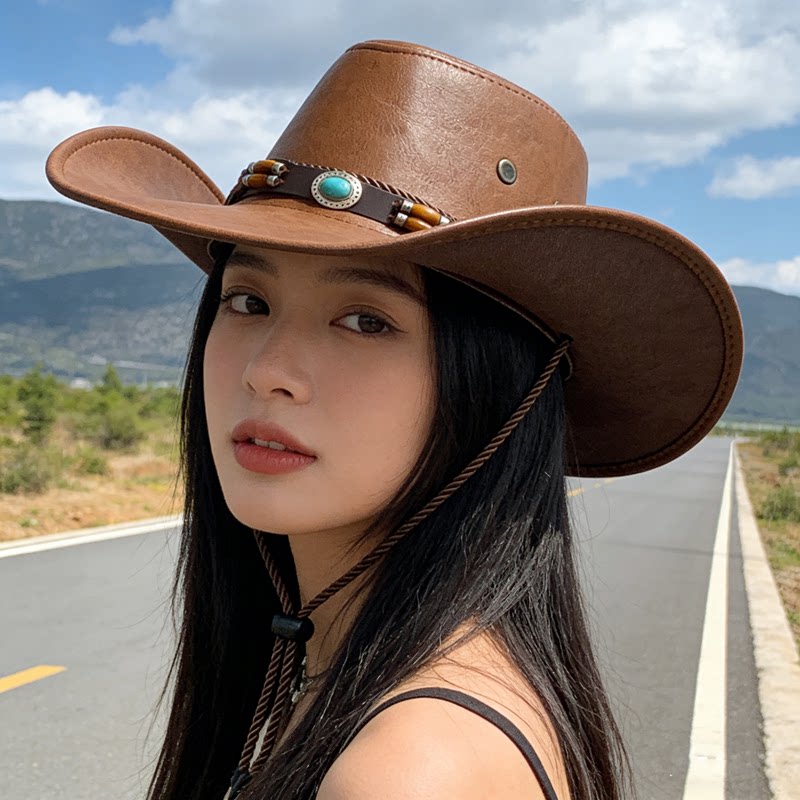 美式复古西部牛仔帽女春夏百搭皮质铆钉装饰川西露营登山拍照帽子