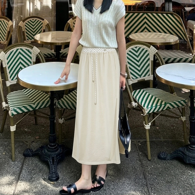 ELLE卡其色假两件拼接半身裙