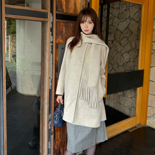 【标记暖意】ELLE杏色羊驼毛大衣女围巾领设计感25冬双面毛呢外套