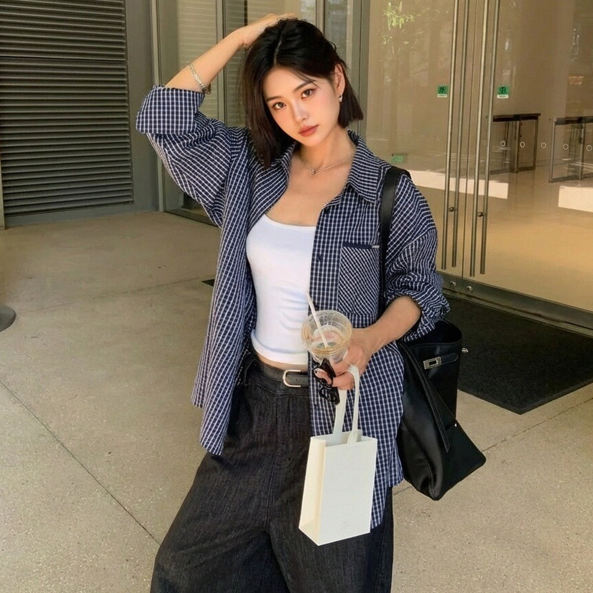 ELLE法式格子长袖衬衫短裙裤套装女2026春季新款设计感通勤两件套