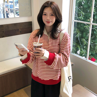 ELLE红白条纹POLO卫衣女