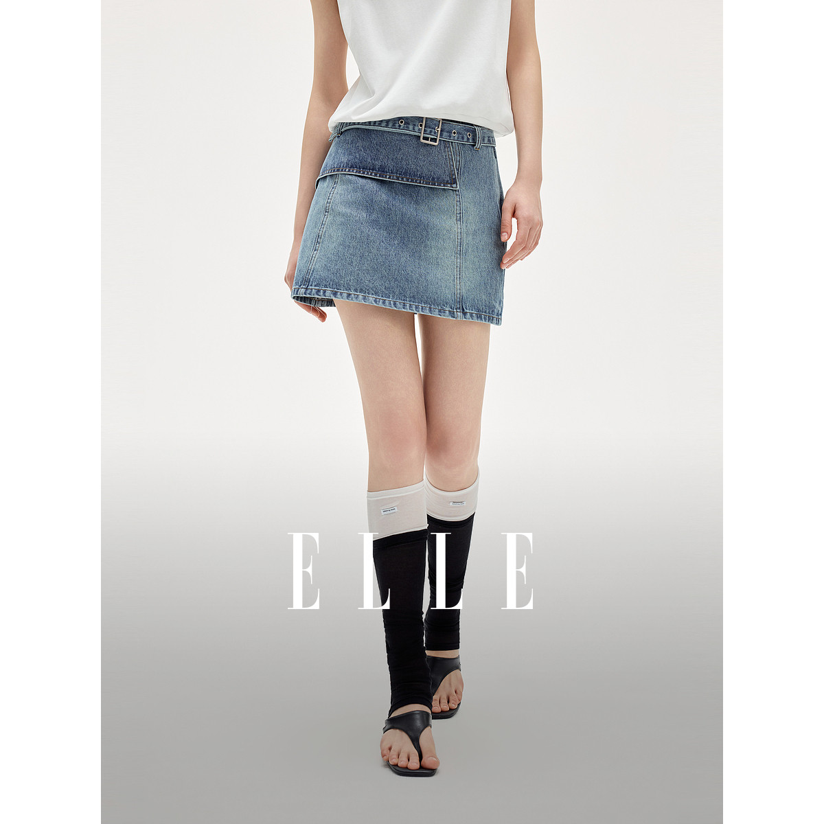 ELLE法式复古牛仔半身裙女2026夏季新款设计感显瘦腰带a字短裙子