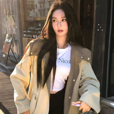 ELLE法式格纹拼接风衣女两面穿