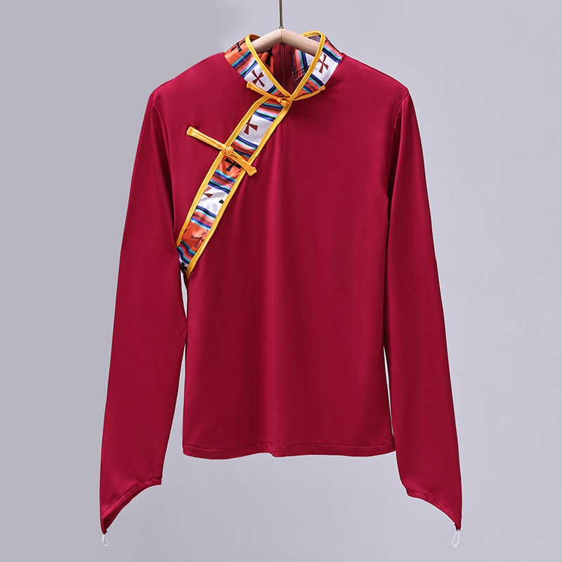 高档藏族舞蹈服装上衣长袖最新款藏式广场舞练功服牛奶丝弹力修身