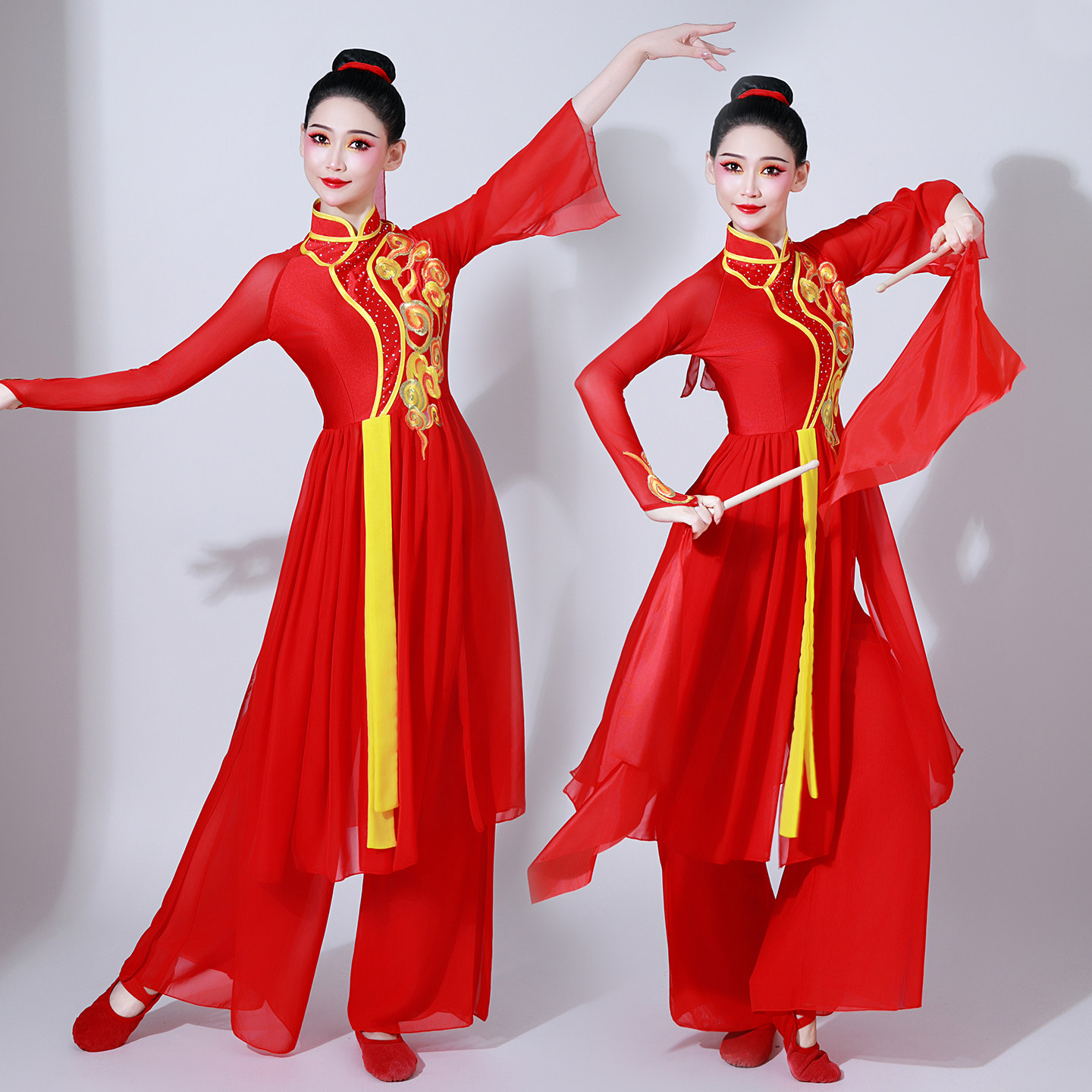高档古典舞蹈演出服女飘逸中国风喜庆锣鼓队腰鼓打鼓舞台秧歌服装