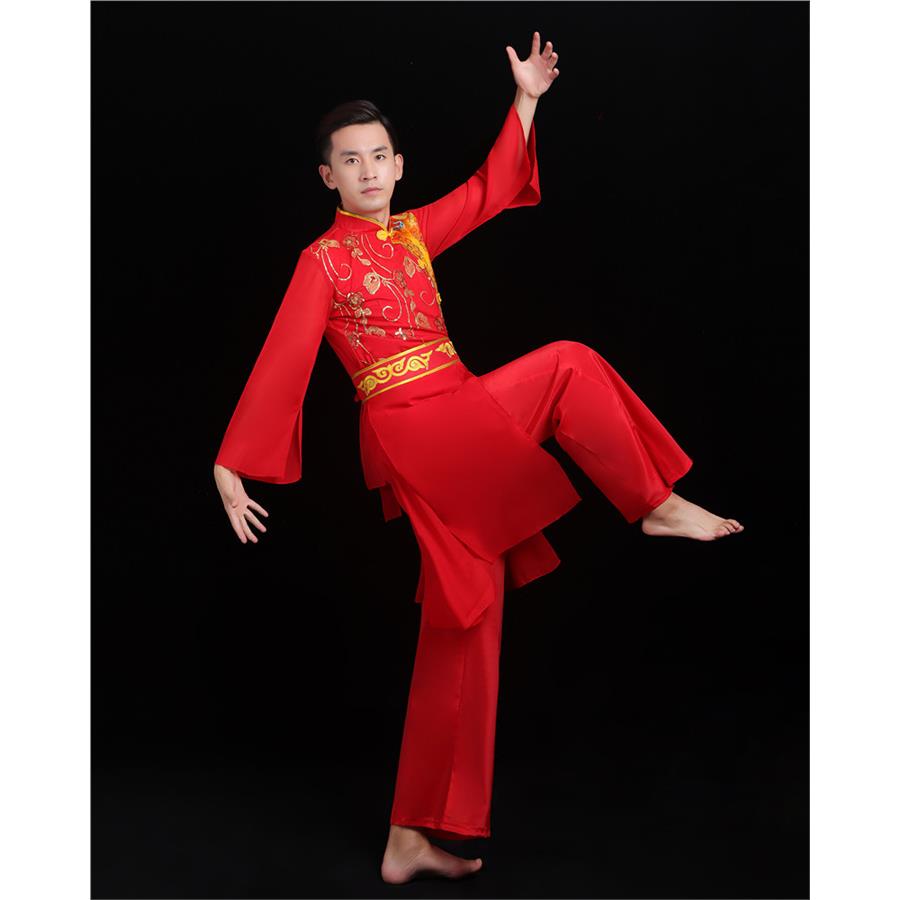 高档男士腰鼓打鼓服装红色开场舞古典演出服中国风喜庆秧歌舞蹈表