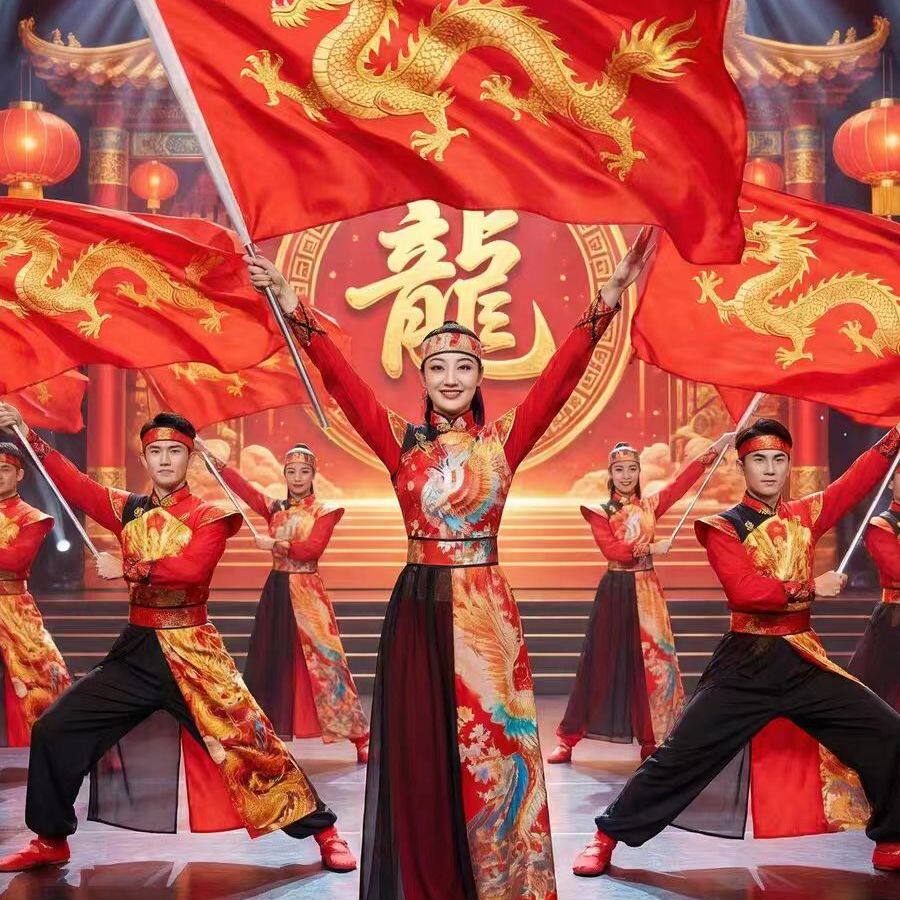 高档新款扇子舞打鼓服成人龙服中国风开场舞演出服挥旗舞服装民族