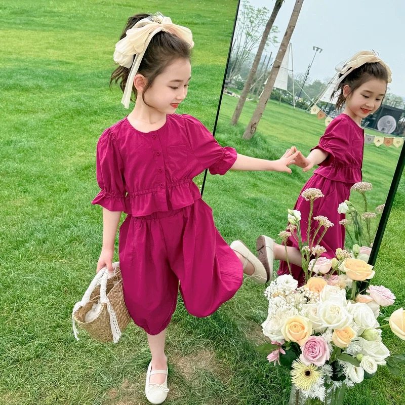新款泡泡儿童短袖两件套女童夏装套装夏季中小童休闲时髦宝宝洋气
